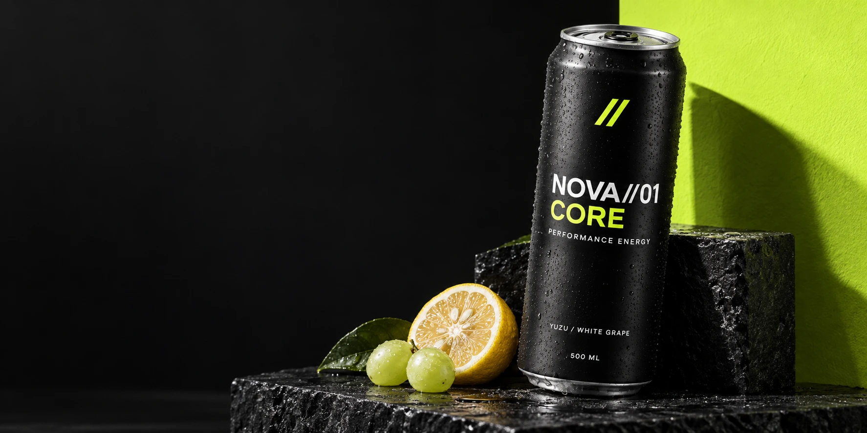 NOVA 01 CORE em lata preta fosca, com yuzu e uvas brancas